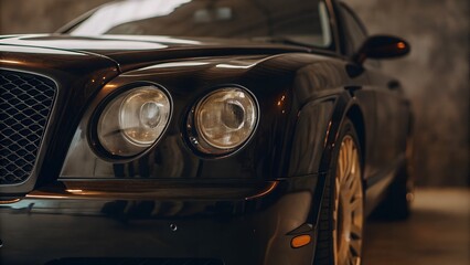 close up A sleek, high-end black luxury sports car displayed against a dramatic black background in banner format.