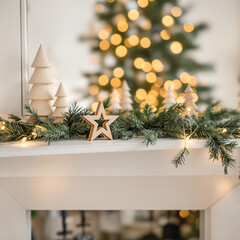 Cozy Christmas decorations on white wooden mantel with green pine garland, wooden star ornaments, small wooden Christmas trees
