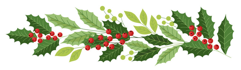 Winter flower arrangement. Winter decorative garland with holly and red berries.