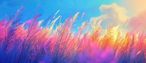 Colorful grasslands under a vibrant sunset sky