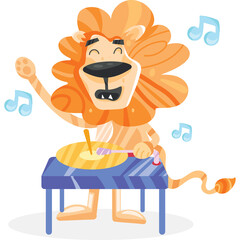 Joyful Lion Character Dancing and Playing Music on a Record Player with Musical Notes in the Air