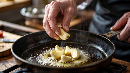 Chef placing peeled garlic cloves into sizzling oil and butter in pan