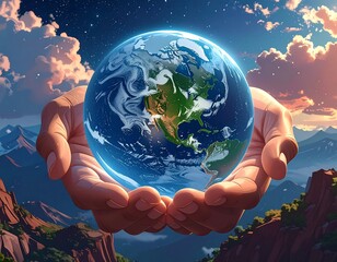 Animated image of hands cradling planet Earth with mountainous backdrop