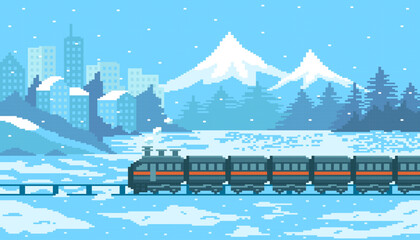 Steam train on snowy ground with silhouette of buildings and pine or tree on mountain and blue sky background in winter with snowfall.