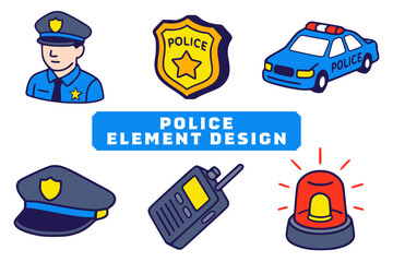 Police and security vector set. officer collection. Set of badge, patrol car, hat, radio, safety, and siren cartoon style © Jovi MIng