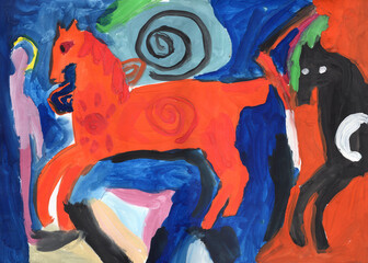 Fantasy horse on futuristic background. Hand drawn Gouache painting