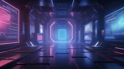 digital innovation environment with moving holographic screens, sleek UI overlays, interactive touch panels, gradient neon glow, professional tech atmosphere - Powered by Adobe