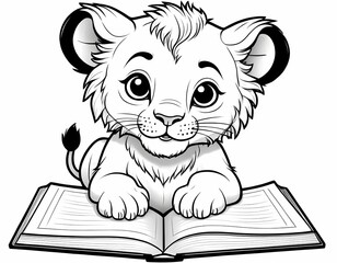 Cute lion cub reading a big book, black and white kids coloring page