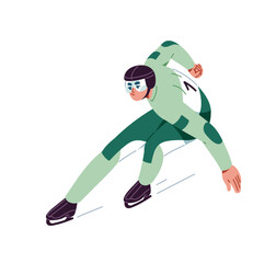 Fototapeta premium Skater with safety helmet is rushing in race on ice rink. Athlete is speed skating. Sportsman in costume rides fast in competition. Winter sport. Flat isolated vector illustration on white background