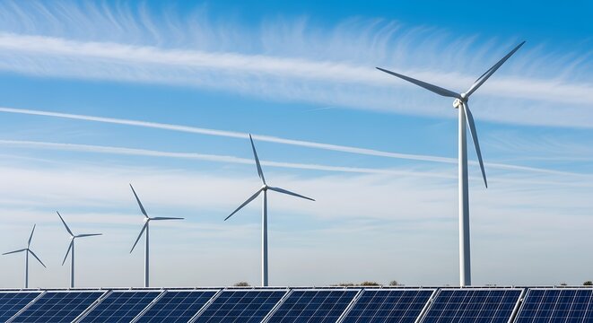Wind turbines and solar panels generating clean energy on a sunny day