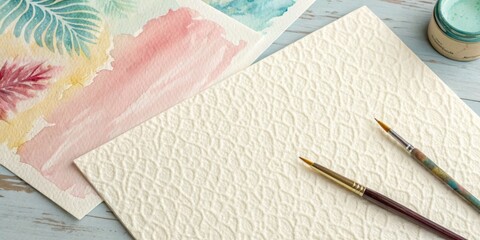 Flat lay of textured art paper, two paintbrushes, and a watercolor painting with abstract tropical shapes. Ideal for craft, art, hobby, and DIY blogs/sites.