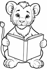 Cute lion cub reading a big book, black and white kids coloring page
