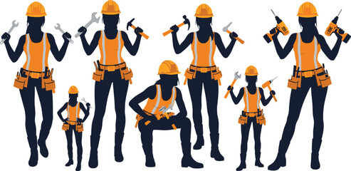 Women construction workers wearing orange safety vests and helmets holding tools representing female empowerment in engineering industrial labor and construction professions illustration design