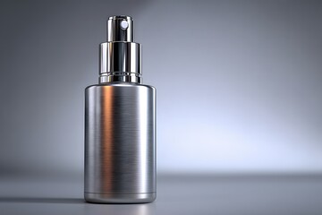 Obraz premium Bottle of perfume is sitting on a table. The bottle is silver and has a spray top. Concept of luxury and sophistication, as the perfume is likely a high-end product
