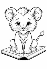 Cute lion cub reading a big book, black and white kids coloring page