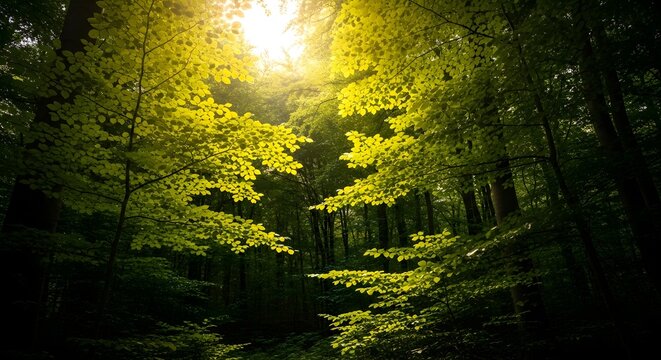 Sunlight bursting through canopy of green trees in a lush forest - Powered by Adobe