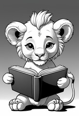 Cute lion cub reading a big book, black and white kids coloring page