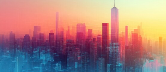 Vibrant city skyline at sunrise with colorful hues