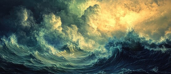 Dramatic ocean waves under a vibrant sky at sunset