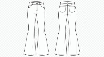 Women&rsquo;s flared jeans technical flat sketch front and back view, fashion apparel CAD illustration, denim garment pattern template for clothing industry production design