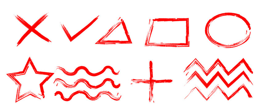 Set of minimalist shapes and symbols icons with transparent background, depicting hand-drawn marker elements for highlighting, correction, and graphic design, vector illustration