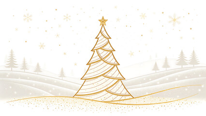Golden christmas tree with star topper in a snowy landscape with falling snowflakes and distant trees created with generated ai