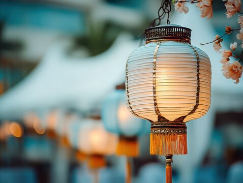 Traditional paper lantern glowing at outdoor celebration event  