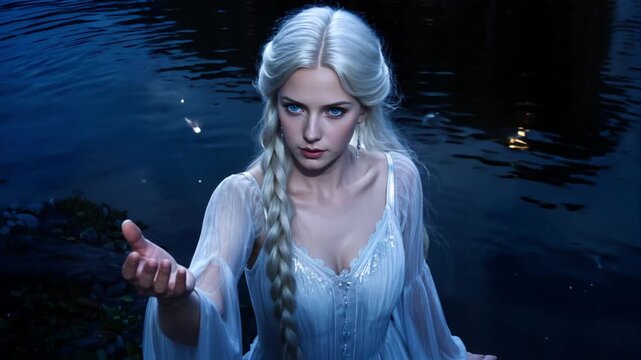 A striking close-up of a woman with long silver-blonde hair and piercing blue eyes, wearing a white dress and reaching out from the dark, sparkling water