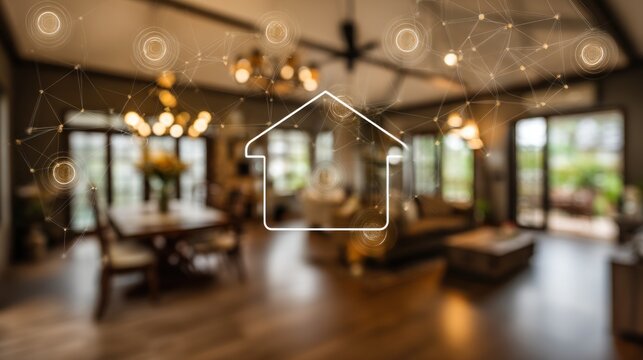 A cozy interior space featuring modern decor, illuminated by warm lights, with a digital house icon overlay representing smart home technology.