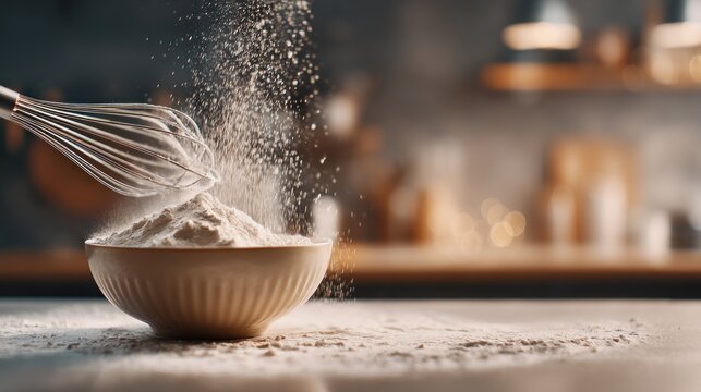 A whisk sprinkles flour into a bowl, creating a dynamic, culinary scene with a blurred kitchen background, evoking a sense of baking and creativity. - Powered by Adobe