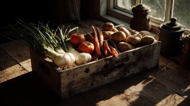 Fresh vegetables in a rustic wooden crate near a sunlit window in a cozy kitchen - Powered by Adobe