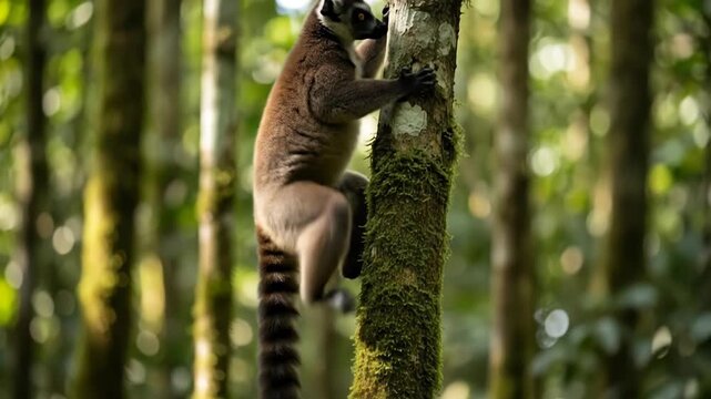 Ringtailed lemur climbs forest tree with grace and agility in lush jungle