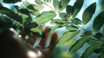 Obraz premium A hand gently reaches for vibrant green leaves, capturing a moment of connection with nature in soft, natural light.
