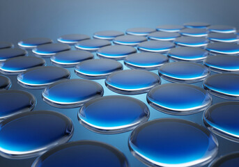 Abstract blue droplets with glowing edges on a smooth surface
