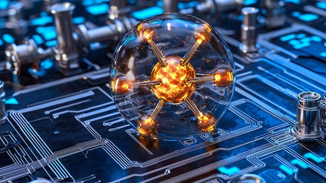 Glowing Atom on Circuit Board Abstract Digital Art - Powered by Adobe