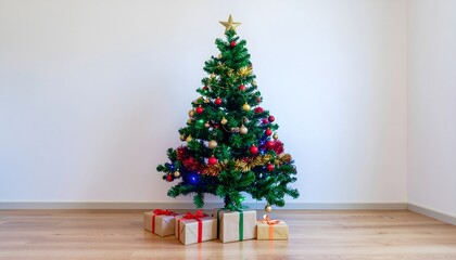 Generative AI illustration. christmas tree with gifts box and colorful ribbon in the wooden floor and white wall background 