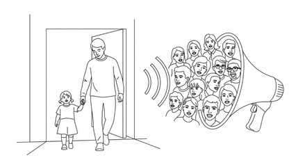 Child Holding Adult Hand at Threshold and Megaphone with Faces – Safe Migration and Freedom of Speech Illustration