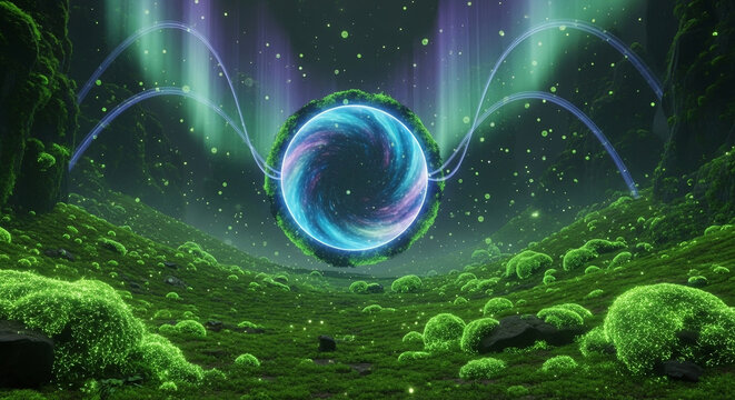 Mystical Portal in Enchanted Forest A Realm of Light and Moss