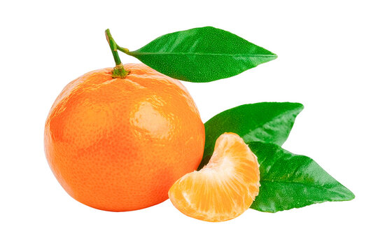 mandarin orange with leaves isolated on transparent background.