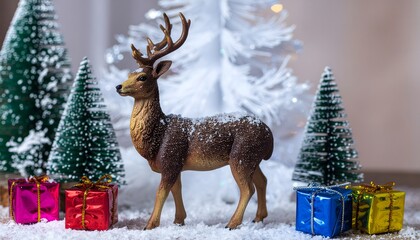 Generative AI illustration background. christmas tree, colorfull gifts box and brown reindeer in the snow for christmas decoration 