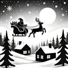 Noel's Celestial Flight: A whimsical depiction of a night sky, a silhouette of a reindeer-pulled sleigh carrying a gift-laden passenger glides above snow-covered houses.