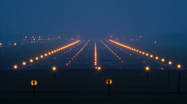Airport Runway Lights, Night Scene in Foggy Atmosphere, Wide View, copy space.