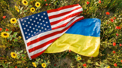 USA and Ukraine national flags together on green grass flowers symbol of friendship support alliance partnership international relations unity solidarity cooperation political agreement brotherhood