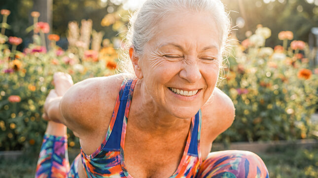 Happy senior woman practicing yoga outdoors smiling face closeup fitness wellness healthy lifestyle active grandmother exercise nature park summer relaxation stretching joy vitality sport motivation 