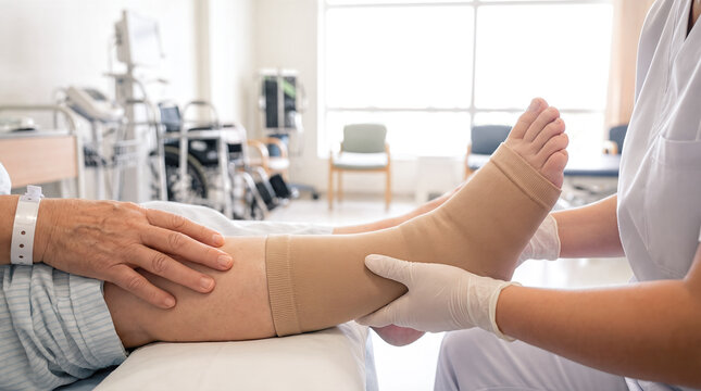 Medical worker helping patient wear support compression socks in clinic therapy rehabilitation leg care vein health blood flow improvement anti embolism stockings nursing assistance elderly recovery 
