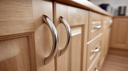 Stylish silver metal handles adorn wooden cabinet doors, creating a harmonious blend in a contemporary kitchen. The warm tones of the wood enhance the elegance of the design