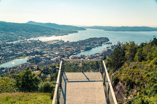 Panoramic view from platform overlooking Bergen and fjord in Norway