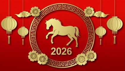 Generative AI illustration. Decorative design for Chinese new year 2026 year of the horse with golden lantern, flower, and cloud for background and banner