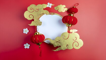 Generative AI illustration. Chinese new year decoration for greeting card and background with red lantern and golden cloud in the red background