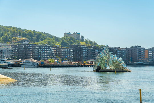 Waterfront view of Oslo city with opera landmark and blue sky in summer